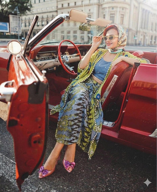 Sunbae Green Blue Cotton Satin Silk Cape Skirt And Blouse