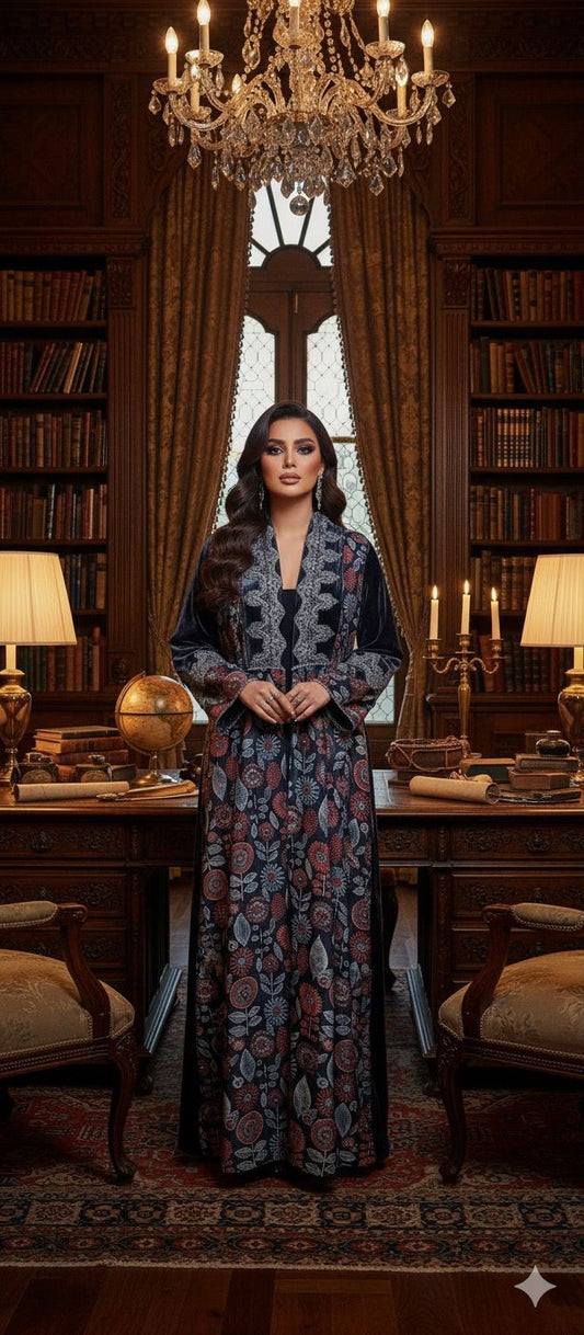 Black Velvet Printed Abaya