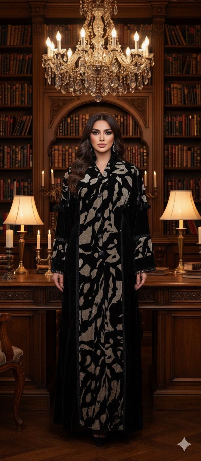 عباية مخمل أسود مطبوعة