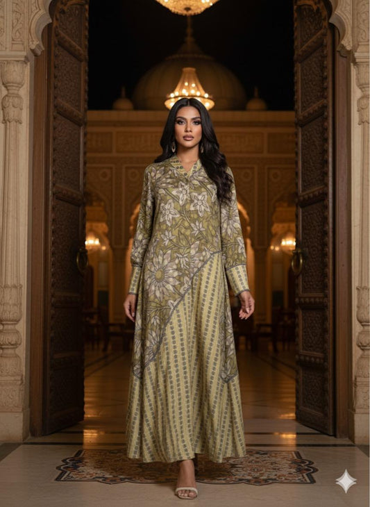 Green Velvet Printed Abaya