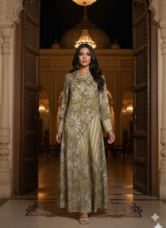 Green Velvet Printed Abaya