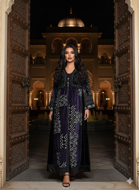 Purple And Black Velvet Printed Abaya