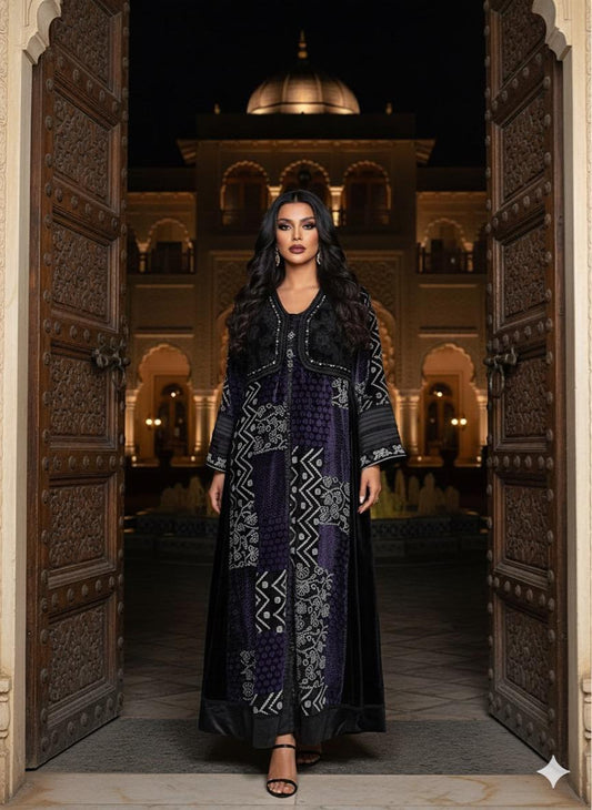 Purple And Black Velvet Printed Abaya
