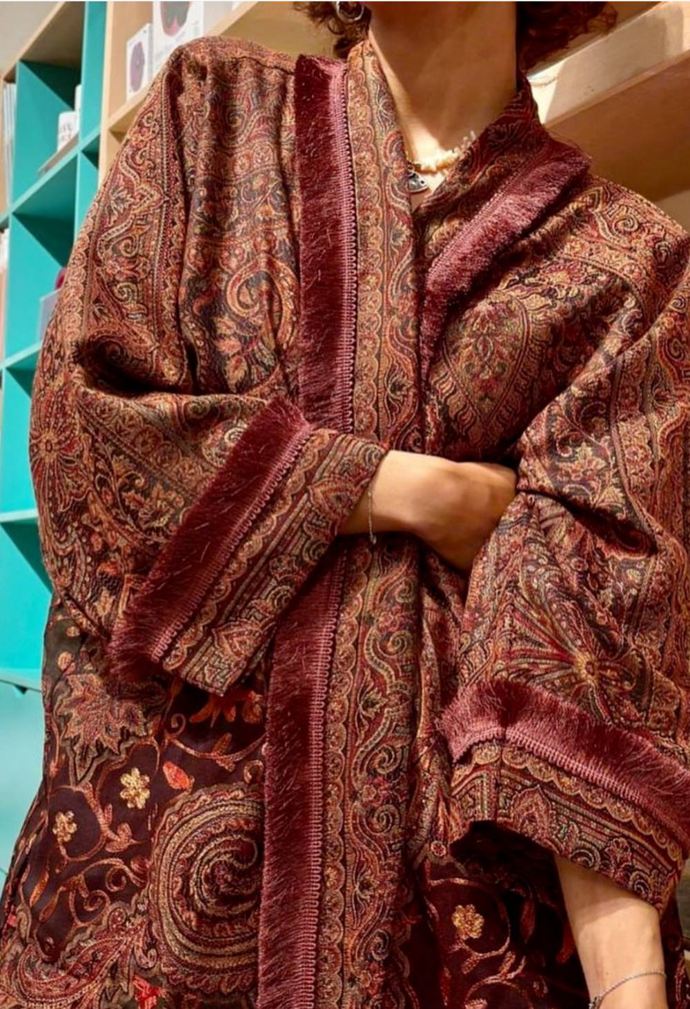 Golden Thread Work Cashmere Maroon Abaya