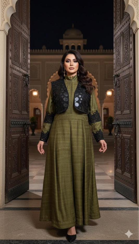 Olive Green Linen Dress With Leather Jacket