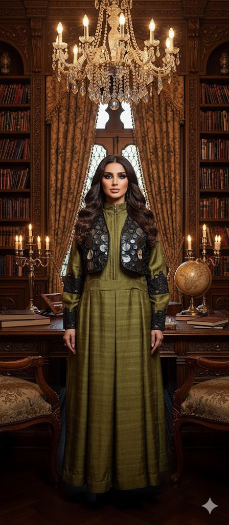 Olive Green Linen Dress With Leather Jacket